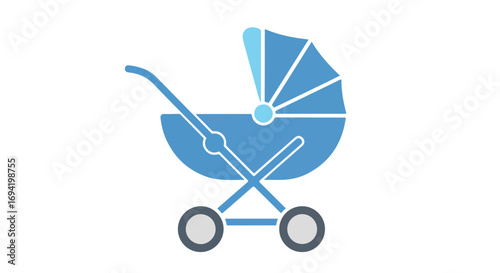 Delicate blue stroller icon, illustrating childhood, parenthood and mobility with gentle design and minimalist aesthetic
