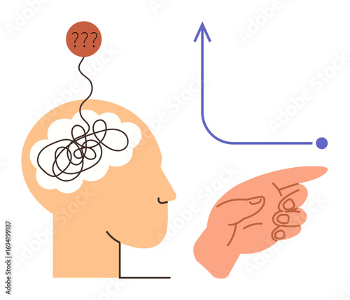 Human head with tangled thoughts, question mark, upward graph symbol, hand pointing forward. Ideal for mental clarity, problem-solving, focus, productivity, guidance growth mindset simple flat