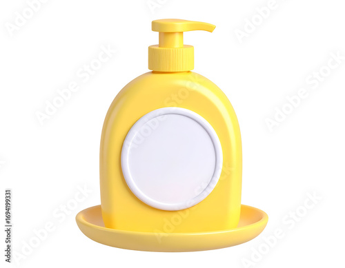 Yellow Pump Bottle with Blank White Label on Tray, Minimalist 3D Render