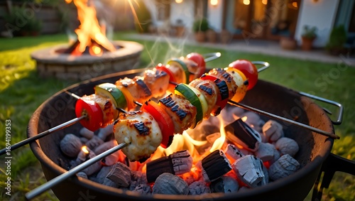 Delicious vegetable and meat skewers grilling over hot coals on a summer evening