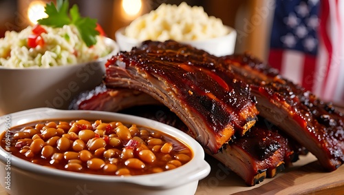 Delicious bbq pork ribs with baked beans and coleslaw served with an american flag