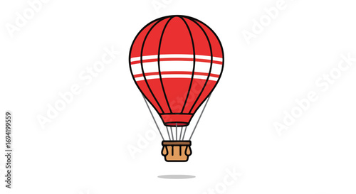 Whimsical flight, vibrant red hot air balloon cartoon floating on a clear white sky background expressing freedom