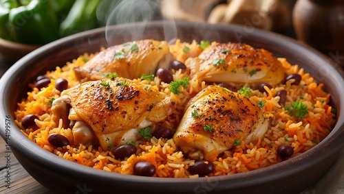 Delicious arroz con pollo a traditional latin american dish with chicken and rice