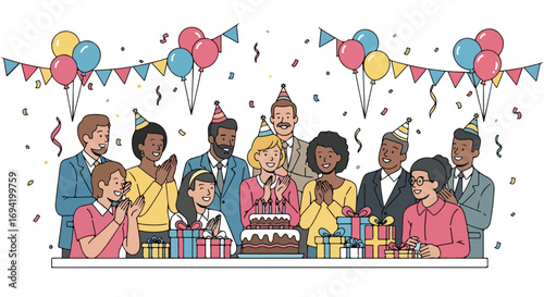 Festive birthday celebration with diverse colleagues in a modern office setting creating a joyous gathering and joyful memories