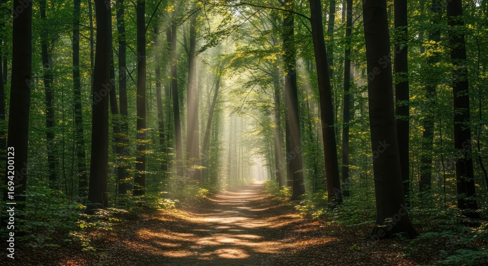 Obraz premium Sunlight filtering through towering trees in a serene forest path creating a mystical atmosphere