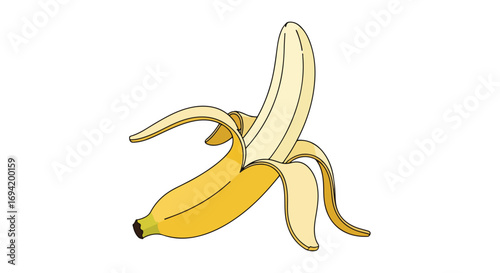 Artistic depiction of a partially peeled banana, showcasing its vibrant yellow skin and soft interior on a plain backdrop
