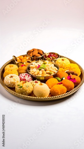 Colorful Indian sweets arranged on a gold tray