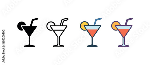 Vector icon cocktail glass straw same pose same proportions four styles black solid glyph outline minimal flat multicolor filled cartoon flat shaded.