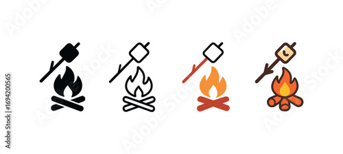 Vector icon campfire marshmallow same pose same proportions four styles black solid glyph outline minimal flat multicolor filled cartoon flat shaded.