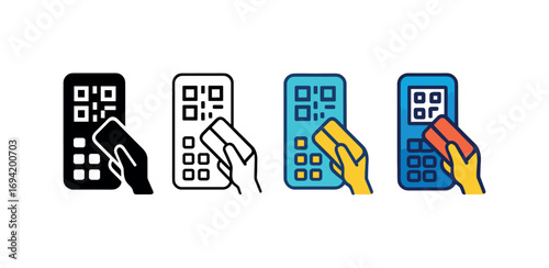Vector icon QR payment same pose same proportions four styles black solid glyph outline minimal flat multicolor filled cartoon flat shaded.