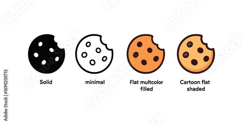 Vector icon cookie chocolate same pose same proportions four styles black solid glyph outline minimal flat multicolor filled cartoon flat shaded.