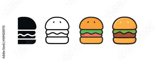 Vector icon burger fast food same pose same proportions four styles black solid glyph outline minimal flat multicolor filled cartoon flat shaded.