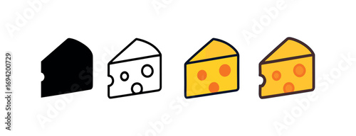 Vector icon cheese wedge same pose same proportions four styles black solid glyph outline minimal flat multicolor filled cartoon flat shaded.
