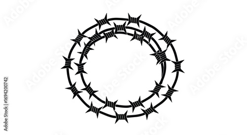 Monochrome barbed wire wreath silhouette against a stark white backdrop evoking restriction and security measures