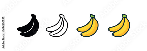 Vector icon banana bunch same pose same proportions four styles black solid glyph outline minimal flat multicolor filled cartoon flat shaded.