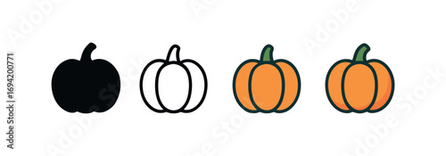 Vector icon pumpkin autumn same pose same proportions four styles black solid glyph outline minimal flat multicolor filled cartoon flat shaded.