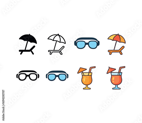 Vector icon beach umbrella chair same pose same proportions four styles black solid glyph outline minimal flat multicolor filled cartoon flat shaded.