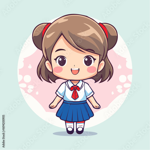 Cute Schoolgirl in Uniform Cartoon Illustration Adorable Student, Education Concept, Smiling and Happy