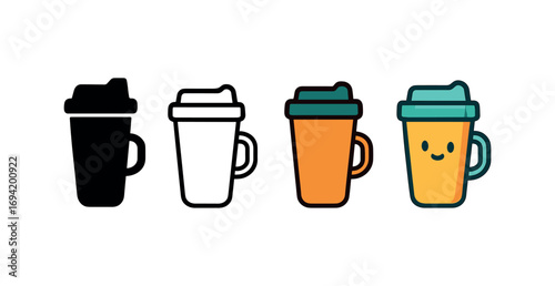 Vector icon travel coffee tumbler same pose same proportions four styles black solid glyph outline minimal flat multicolor filled cartoon flat shaded.