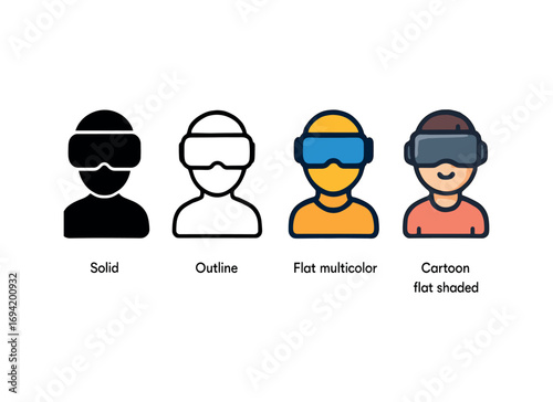 Vector icon VR headset gaming same pose same proportions four styles black solid glyph outline minimal flat multicolor filled cartoon flat shaded.