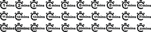 Vector icon set of timers and clocks isolated on a white background. Stopwatch, fast time, and countdown symbols. Chronometer and time management graphic elements for design.