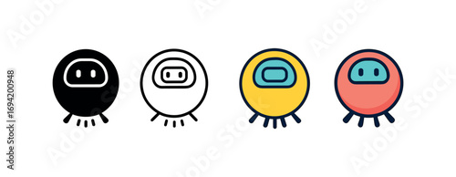 Vector icon robot vacuum cleaner same pose same proportions four styles black solid glyph outline minimal flat multicolor filled cartoon flat shaded.