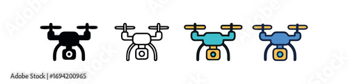 Vector icon drone aerial photo same pose same proportions four styles black solid glyph outline minimal flat multicolor filled cartoon flat shaded.