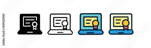 Vector icon e learning certificate same pose same proportions four styles black solid glyph outline minimal flat multicolor filled cartoon flat shaded.