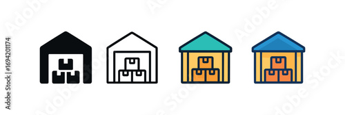 Vector icon warehouse logistics same pose same proportions four styles black solid glyph outline minimal flat multicolor filled cartoon flat shaded.