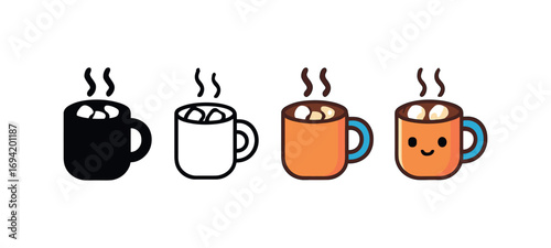 Vector icon cozy hot chocolate mug same pose same proportions four styles black solid glyph outline minimal flat multicolor filled cartoon flat shaded.