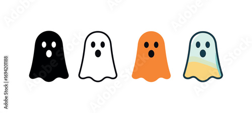 Vector icon Halloween ghost sheet same pose same proportions four styles black solid glyph outline minimal flat multicolor filled cartoon flat shaded.