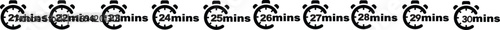 Vector icon set of timers and clocks isolated on a white background. Stopwatch, fast time, and countdown symbols. Chronometer and time management graphic elements for design.