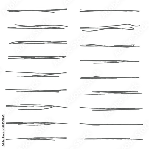 Black grunge brush stoke line set. Hand drawn crayon underline and highlighter collection. Wet or dry pastel pencil doodle and scribble bundle. Vector rough chalk charcoal sketch scrawls and squiggles