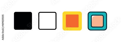 Vector icon square same pose same proportions four styles black solid glyph outline minimal flat multicolor filled cartoon flat shaded.