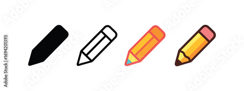 Vector icon edit pencil same pose same proportions four styles black solid glyph outline minimal flat multicolor filled cartoon flat shaded.