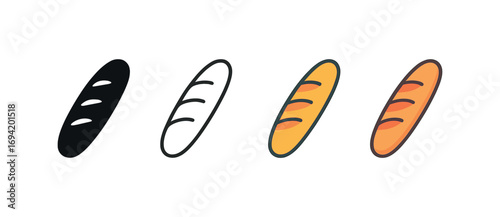 Vector icon bread baguette same pose same proportions four styles black solid glyph outline minimal flat multicolor filled cartoon flat shaded.