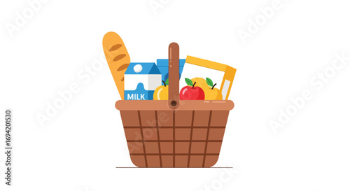 Rustic picnic basket illustration with fresh produce for summertime outings and nature adventures full of delightful treats and family fun