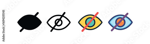 Vector icon eye hidden off same pose same proportions four styles black solid glyph outline minimal flat multicolor filled cartoon flat shaded.