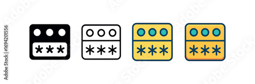 Vector icon password keypad dots same pose same proportions four styles black solid glyph outline minimal flat multicolor filled cartoon flat shaded.