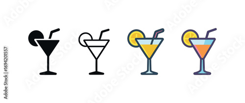 Vector icon cocktail glass straw same pose same proportions four styles black solid glyph outline minimal flat multicolor filled cartoon flat shaded.