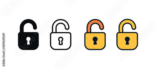 Vector icon lock open same pose same proportions four styles black solid glyph outline minimal flat multicolor filled cartoon flat shaded.