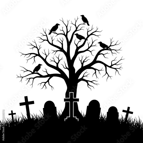 Silhouette of a spooky halloween graveyard scene with crows perched on a dead tree