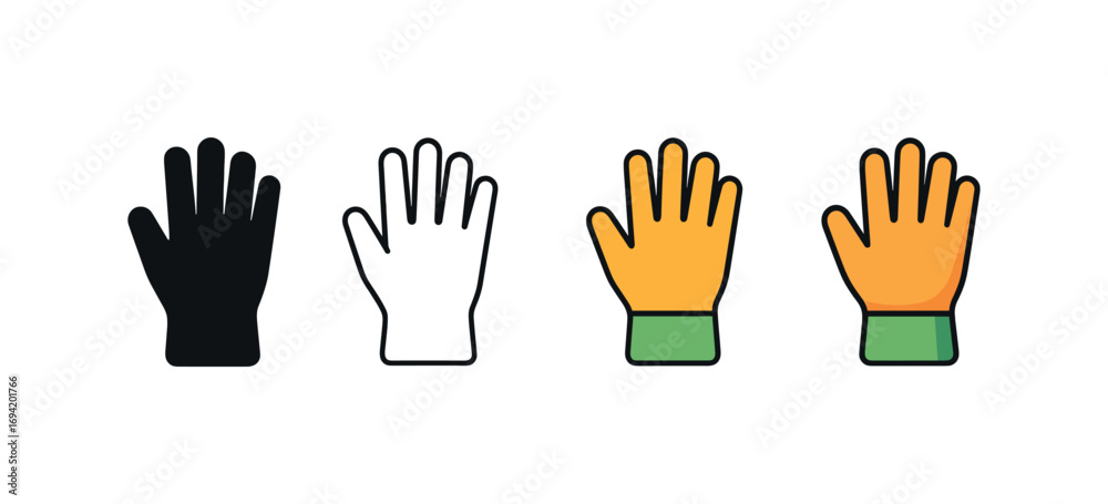 Fototapeta premium Vector icon gardening gloves same pose same proportions four styles black solid glyph outline minimal flat multicolor filled cartoon flat shaded.