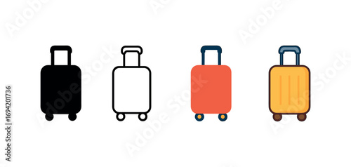 Vector icon suitcase wheels same pose same proportions four styles black solid glyph outline minimal flat multicolor filled cartoon flat shaded.