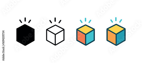 Vector icon augmented reality cube same pose same proportions four styles black solid glyph outline minimal flat multicolor filled cartoon flat shaded.