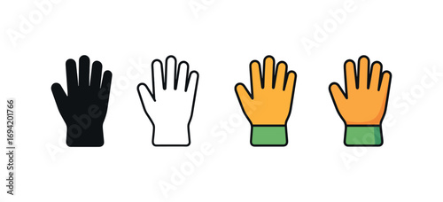 Vector icon gardening gloves same pose same proportions four styles black solid glyph outline minimal flat multicolor filled cartoon flat shaded.