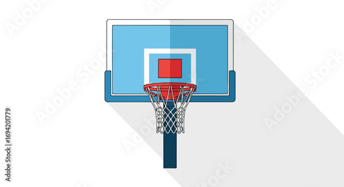 Stylized basketball hoop illustration with elongated shadow and vibrant color scheme evoking sports and recreational activity