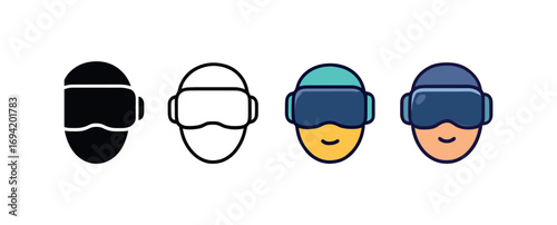Vector icon VR gaming headset same pose same proportions four styles black solid glyph outline minimal flat multicolor filled cartoon flat shaded.