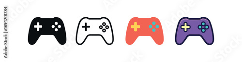 Vector icon esports controller same pose same proportions four styles black solid glyph outline minimal flat multicolor filled cartoon flat shaded.
