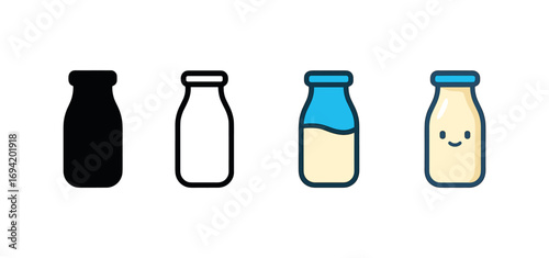 Vector icon milk bottle glass same pose same proportions four styles black solid glyph outline minimal flat multicolor filled cartoon flat shaded.